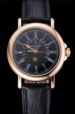 Patek Philippe Perpetual Calendar Retrograde Date Black Dial Rose Gold Case Black Leather Bracelet 1454150 Fake Patek Philippe