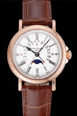 Patek Philippe Perpetual Calendar Retrograde Date White Dial Engraved Rose Gold Case Brown Leather Bracelet 1454148 Fake Patek Philippe