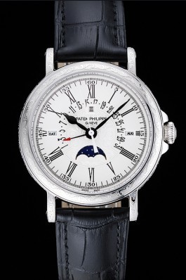 Patek Philippe Perpetual Calendar Retrograde Date White Dial Engraved Silver Case Black Leather Bracelet 1454147 Fake Patek Philippe