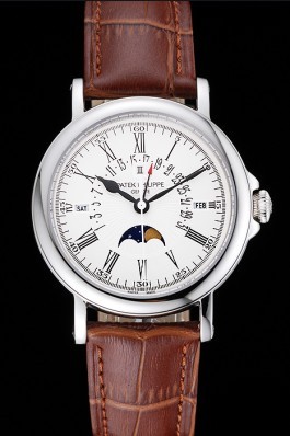 Patek Philippe Perpetual Calendar Retrograde Date White Dial Silver Case Brown Leather Bracelet 1454149 Fake Patek Philippe