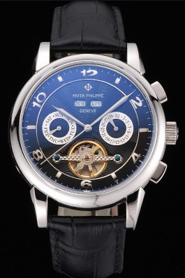 Patek Philippe Perpetual Calendar Tourbillon Black Dial Stainless Steel Case Black Leather Strap Fake Patek Philippe