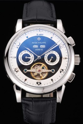 Patek Philippe Perpetual Calendar Tourbillon Two Tone Dial Stainless Steel Case Black Leather Strap Fake Patek Philippe