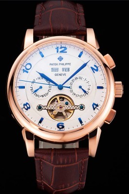Patek Philippe Perpetual Calendar Tourbillon White Dial Rose Gold Case Brown Leather Strap Fake Patek Philippe