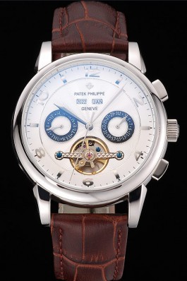 Patek Philippe Perpetual Calendar Tourbillon White Dial Stainless Steel Case Brown Leather Strap Fake Patek Philippe