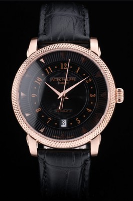 Patek Philippe Swiss Calatrava Ribbed Bezel Black Dial Black Leather Strap 7651 Aaa Grade Patek Philippe Replica