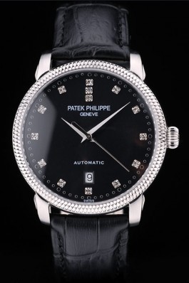 Patek Philippe Swiss Calatrava Ribbed Bezel Black Dial Black Leather Strap 7661 Aaa Grade Patek Philippe Replica