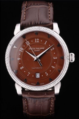 Patek Philippe Swiss Calatrava Ribbed Bezel Brown Dial Brown Leather Strap 7658 Aaa Grade Patek Philippe Replica