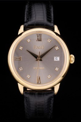 Replica Piaget Swiss Traditional Grey Dial Black Leather Strap 7622