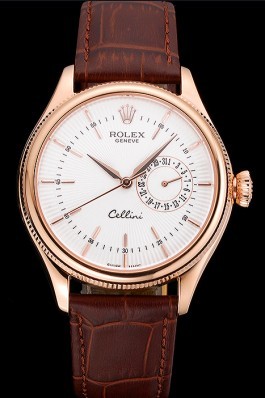 Rolex Cellini White Rose Dial Gold Case Brown Leather Bracelet 622725 Replica Rolex