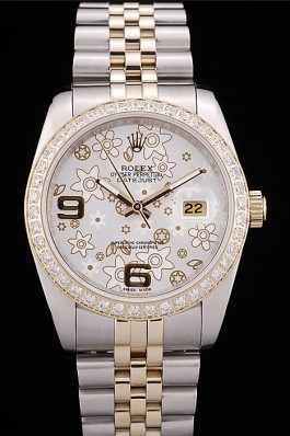 Rolex DateJust Brushed Stainless Steel Case Silver Flowers Dial Diamonds Plated Replica Rolex Datejust