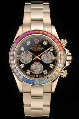 Rolex Daytona Cosmograph Rainbow Crystals Bezel Rose Gold Strap Black Dial 80251 Rolex Daytona Replica