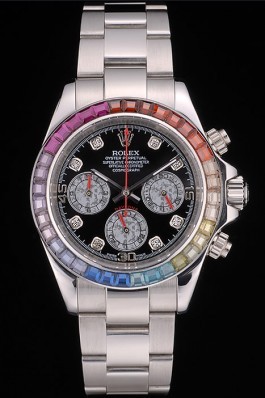 Rolex Daytona Cosmograph Rainbow Crystals Bezel Stainless Steep Strap Black Dial 80250 Rolex Daytona Replica