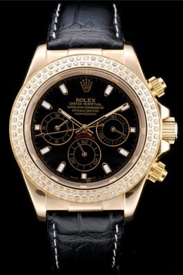 Rolex Daytona Gold Case Crystal Studded Bezel Black Dial Rolex Daytona Replica