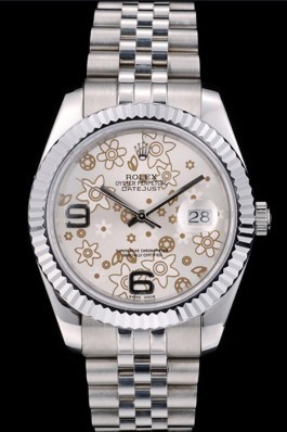 Rolex Swiss DateJust Stainless Steel Ribbed Bezel Flower Silver Dial 42001 Replica Rolex Datejust
