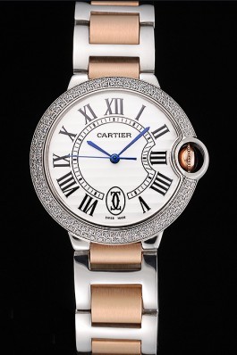Swiss Ballon Blue De Cartier Diamond Steel Case White Dial Roman Numerals Two Tone Bracelet 622647 Cartier Replica