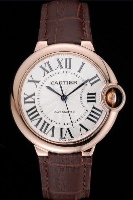 Swiss Ballon Blue De Cartier Gold Case White Dial Roman Numerals Brown Leather Bracelet 622651 Cartier Replica