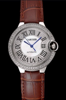 Swiss Cartier Ballon Bleu 46 MM Diamond Dial Diamond Case Brown Leather Bracelet 1453895 Cartier Replica