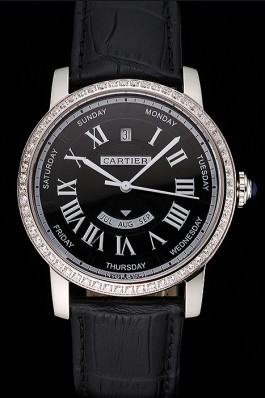 Swiss Cartier Ballon Bleu GMT Silver Dial Stainless Steel Case Black Leather Strap Cartier Replica