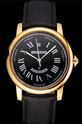 Swiss Cartier Rotonde Annual Calendar Black Dial Gold Case Black Leather Strap Cartier Replica