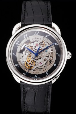 Swiss Hermes Arceau Skeleton Black Dial Blue Hands Stainless Steel Case Black Leather Strap Hermes Replica Watches