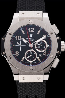 Swiss Hublot Big Bang Black Dial Silver Case Black Rubber Bracelet 1453900 Replica Watch Hublot