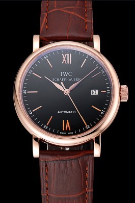 Swiss IWC Portofino Gold Case Black Dial Brown Leather Bracelet 622669 Iwc Replica