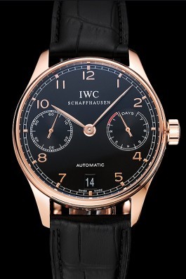Swiss IWC Portuguese Black Dial Gold Case Black Leather Bracelet 1453918 Iwc Replica