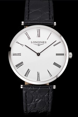 Swiss Longines Grande Classique White Dial Roman Numerals Stainless Steel Case Black Leather Strap Longines Replica Watch