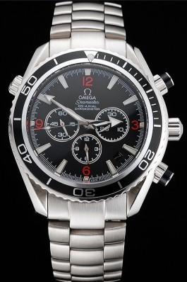 Swiss Omega Seamaster Chronograph Black Dial Black Bezel Stainless Steel Case And Bracelet Omega Replica Seamaster