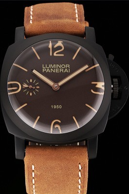 Swiss Panerai Luminor 1950 Brown Dial Black PVD Case Brown Suede Leather Strap 1453848 Panerai Luminor Replica