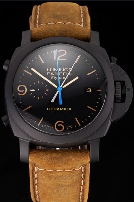 Swiss Panerai Luminor Ceramica Flyback Chronograph Black Dial Black Case Brown Leather Strap Panerai Luminor Replica