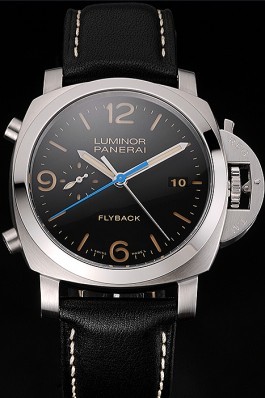 Swiss Panerai Luminor Flyback Chronograph Black Dial Stainless Steel Case Black Leather Strap Panerai Luminor Replica