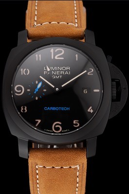 Swiss Panerai Luminor GMT Carbotech Black Dial Black Case Brown Leather Strap Panerai Luminor Replica