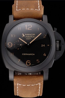 Swiss Panerai Luminor GMT Ceraica Black Dial Black Case Brown Leather Strap Panerai Luminor Replica