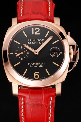 Swiss Panerai Luminor Marina Black Dial Rose Gold Case Red Leather Strap Panerai Luminor Replica