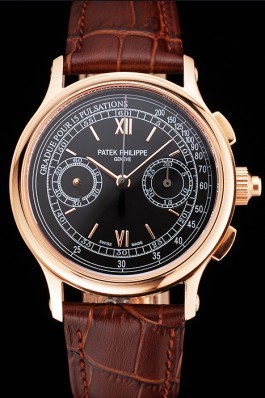 Swiss Patek Philippe 5170J Chronograph Black Dial Rose Gold Case Brown Leather Strap Fake Patek Philippe