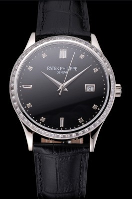 Swiss Patek Philippe Calatrava Black Dial Diamond Bezel Stainless Steel Case Black Leather Strap Aaa Grade Patek Philippe Replica