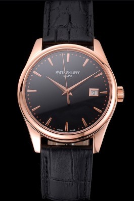 Swiss Patek Philippe Calatrava Black Dial Rose Gold Case Black Leather Strap Aaa Grade Patek Philippe Replica