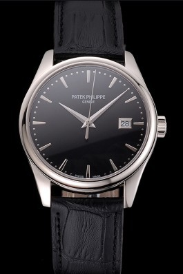 Swiss Patek Philippe Calatrava Black Dial Stainless Steel Case Black Leather Strap Aaa Grade Patek Philippe Replica