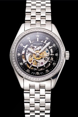Swiss Patek Philippe Calatrava Black Openworked Dial Diamond Bezel Stainless Steel Case And Bracelet Aaa Grade Patek Philippe Replica