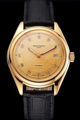 Swiss Patek Philippe Calatrava Gold Dial Diamond Markings Gold Case Black Leather Strap Aaa Grade Patek Philippe Replica