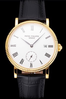 Swiss Patek Philippe Calatrava White Dial Gold Case Fluted Bezel Black Leather Strap Aaa Grade Patek Philippe Replica