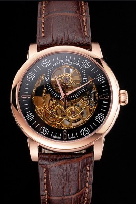 Swiss Patek Philippe Complications Openworked Dial Rose Gold Case Brown Leather Strap Fake Patek Philippe