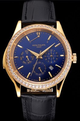 Swiss Patek Philippe Grand Complications Perpetual Calendar Blue Dial Gold Case Diamond Bezel Black Leather Strap Fake Patek Philippe