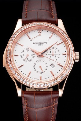 Swiss Patek Philippe Grand Complications Perpetual Calendar White Dial Rose Gold Case Diamond Bezel Brown Leather Strap Fake Patek Philippe