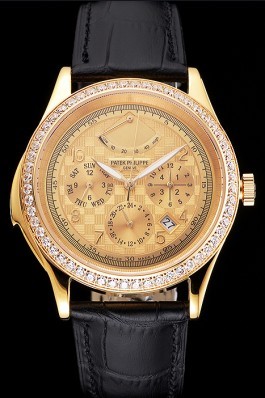 Swiss Patek Philippe Grand Complications Power Reserve Gold Dial And Case Diamond Bezel Black Leather Strap Fake Patek Philippe
