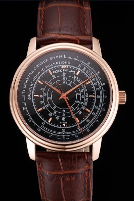 Swiss Patek Philippe Multi-Scale Chronograph Black Dial Rose Gold Case Brown Leather Strap Fake Patek Philippe