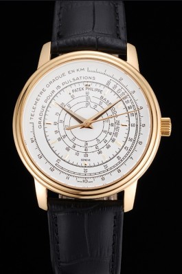 Swiss Patek Philippe Multi-Scale Chronograph White Dial Gold Case Black Leather Strap Fake Patek Philippe