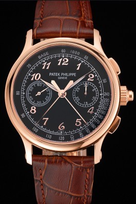 Swiss Patek Philippe Split Seconds Chronograph Black Dial Rose Gold Case Brown Leather Strap Fake Patek Philippe