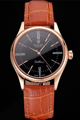 Swiss Rolex Cellini Black Dial Roman Numerals Rose Gold Case Light Brown Leather Strap Replica Rolex